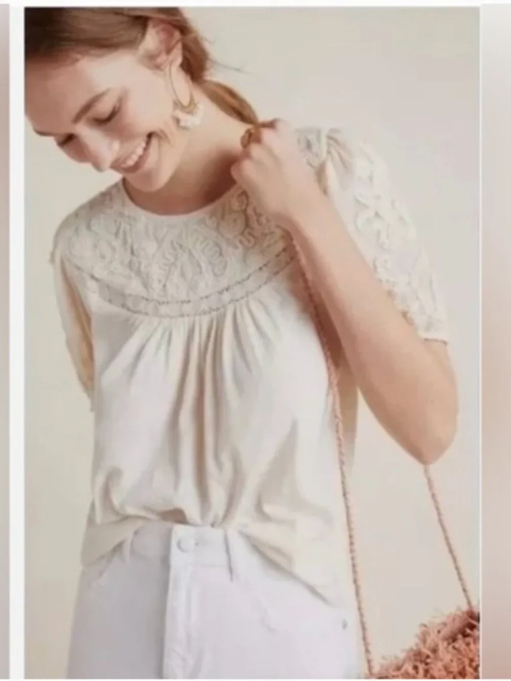 Anthropologie Delilah Blouse Cream Embroidered Puff-Sleeve Top Size Small